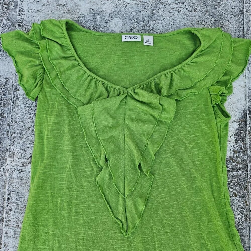 CATO Women Top Blouse Green V Neck Ruffle Shirt Size S - Picture 3 of 8